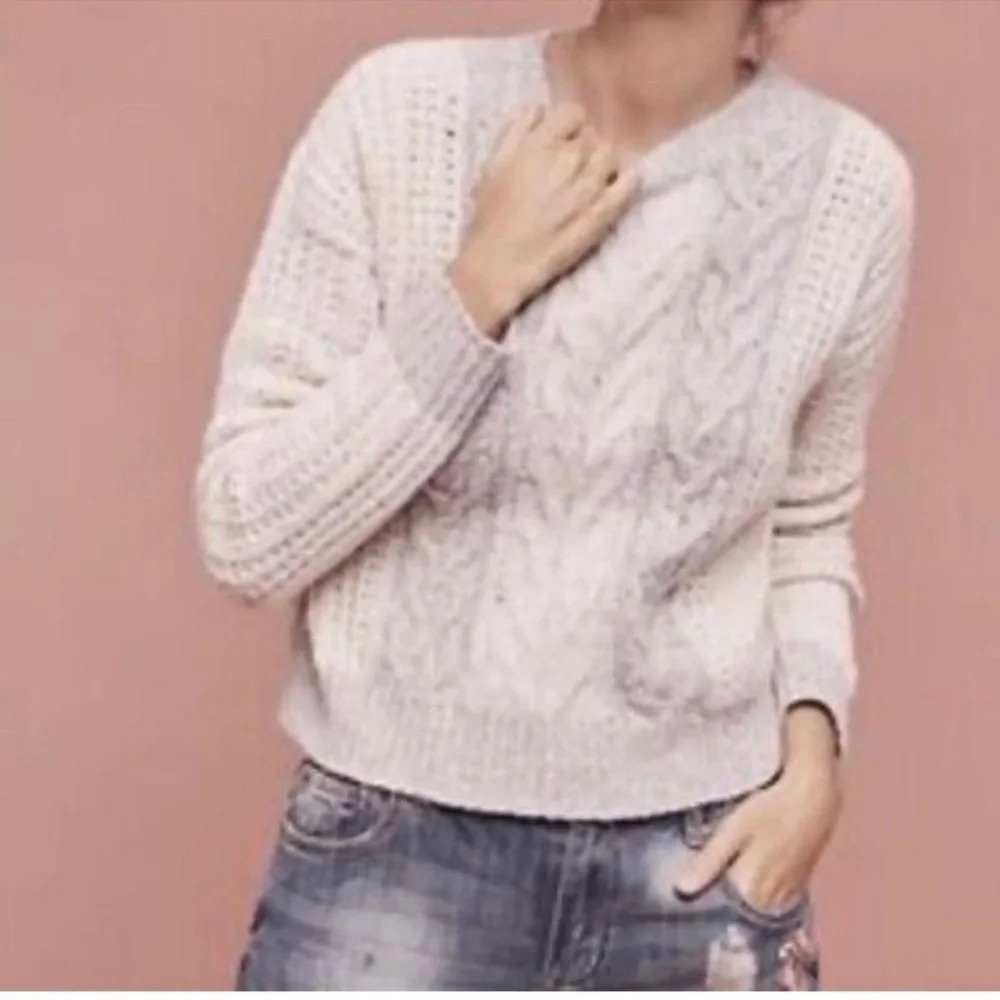 Anthropologie Sleeping on Snow M Cable Knit Pullover Sweater Gray Ivory $168 - Picture 3 of 11